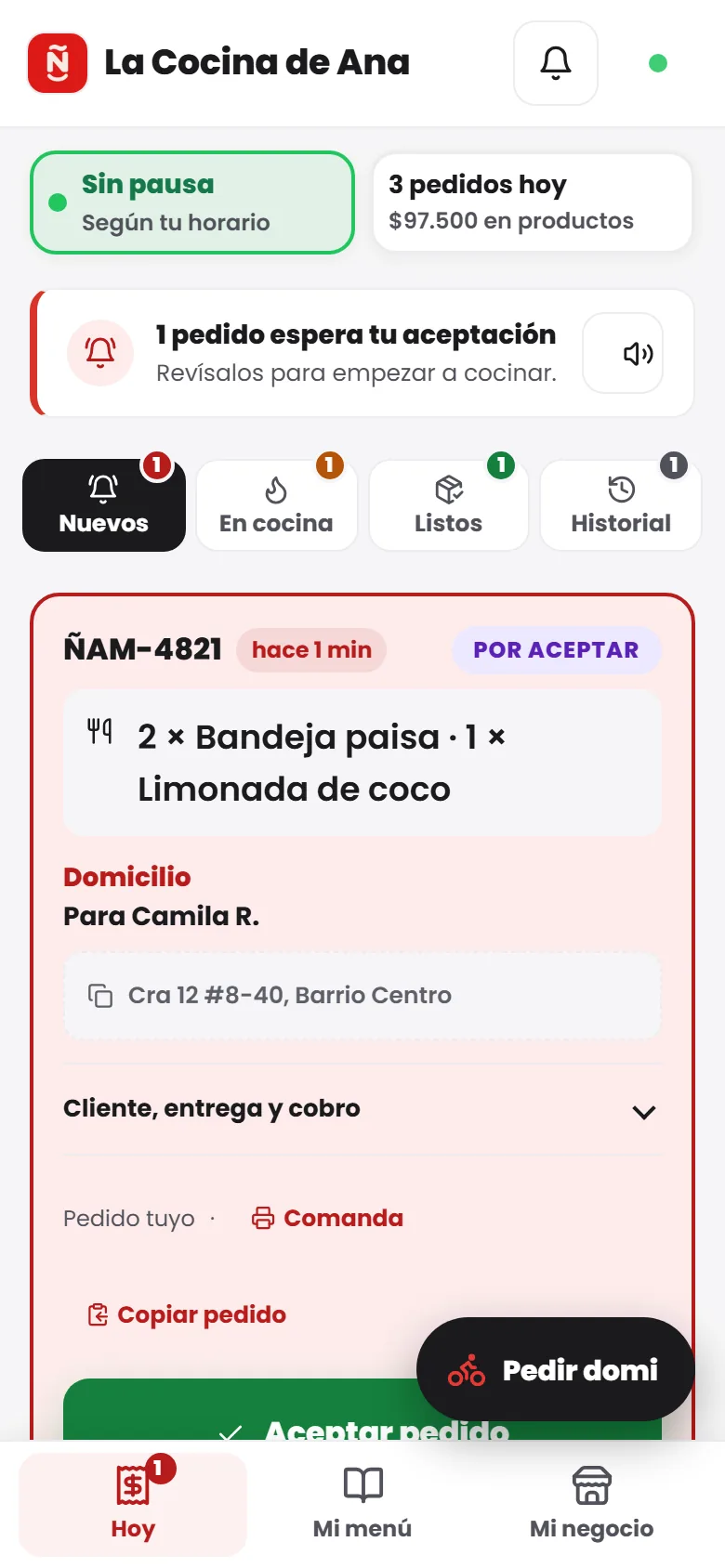 Panel de ¡Ñam! Aliados con el tablero del día: pedidos por aceptar, en cocina, listos e historial