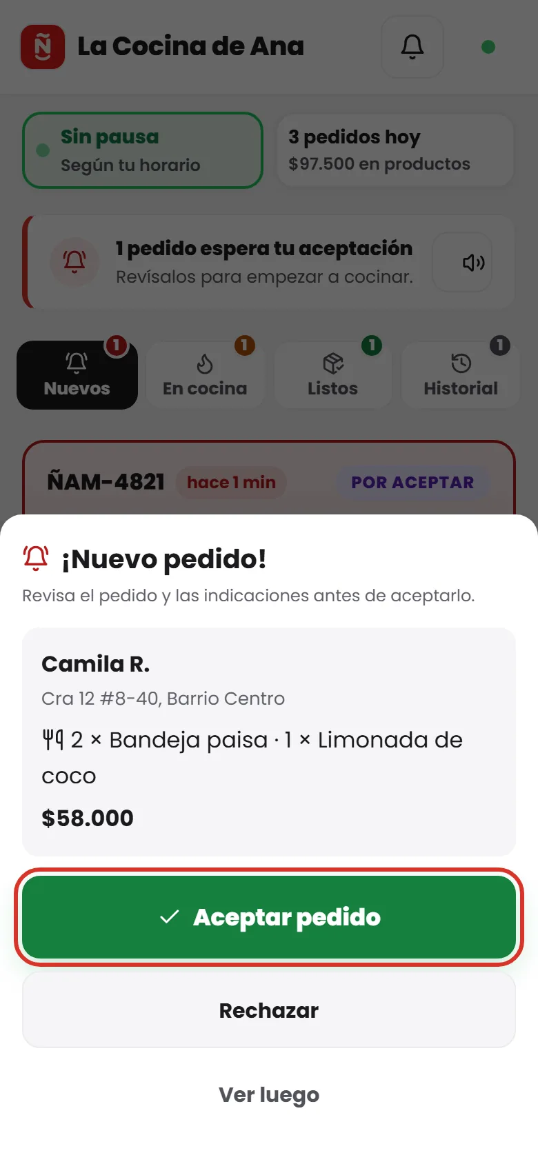 Panel de ¡Ñam! Aliados con el aviso de un pedido nuevo y los botones Aceptar pedido y Rechazar
